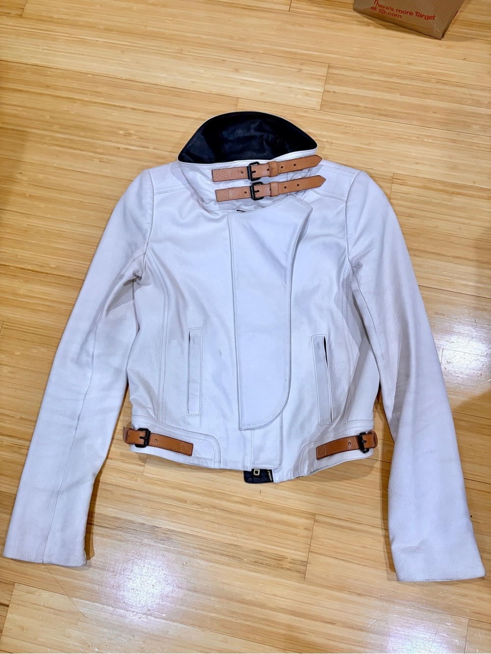 A.L.C. White calf Leather Moto Jacket with Tan Buckles